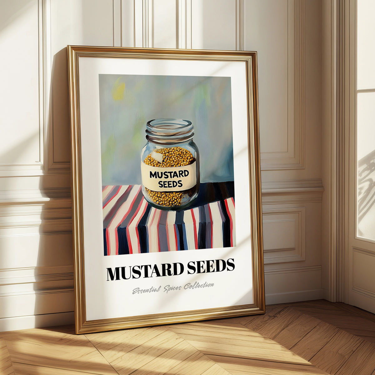 Mustard Seeds – on Striped Tablecloth, Spices Print