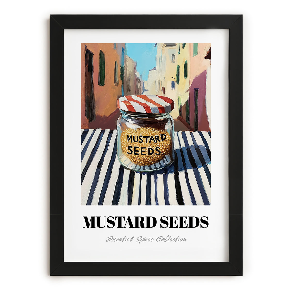 Mustard Seeds – Italian Outdoor Café Scene, Spices Wall Art, in sleek black frame