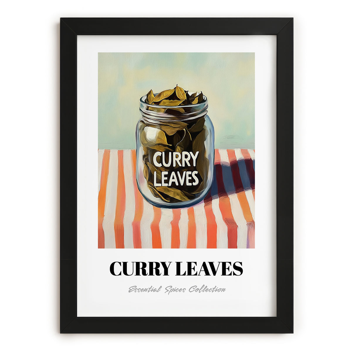 Curry Leaves – on Striped Tablecloth, Spices Wall Decor, in sleek black frame