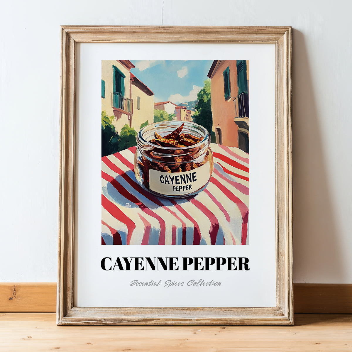 Cayenne Pepper – Italian Café on the Corner, Spices Still Life, in wooden frame leaning on the floor