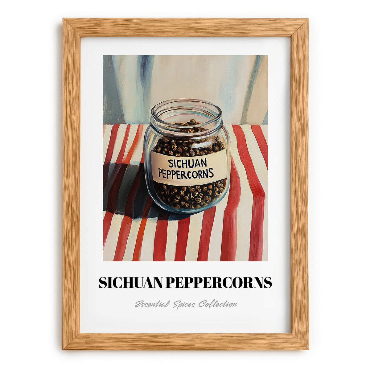 Sichuan Peppercorns – on Striped Tablecloth, Spices Wall Art, set in oak frame