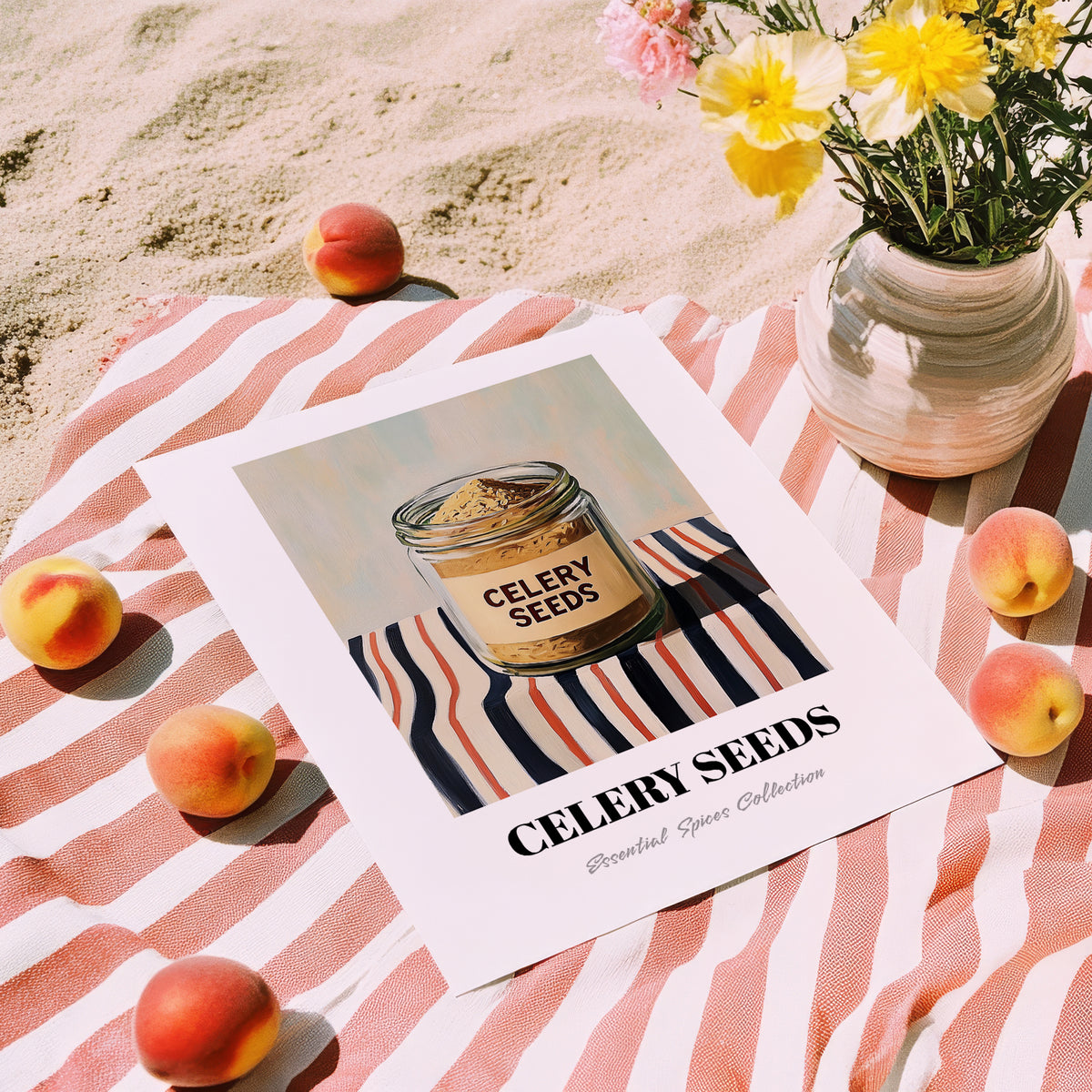 Celery Seeds – on Striped Tablecloth, Spices Print, unframed on coastal sand