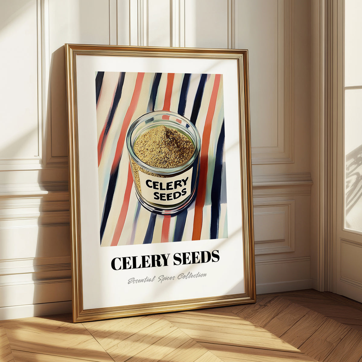 Celery Seeds – on Striped Tablecloth, Spices Poster