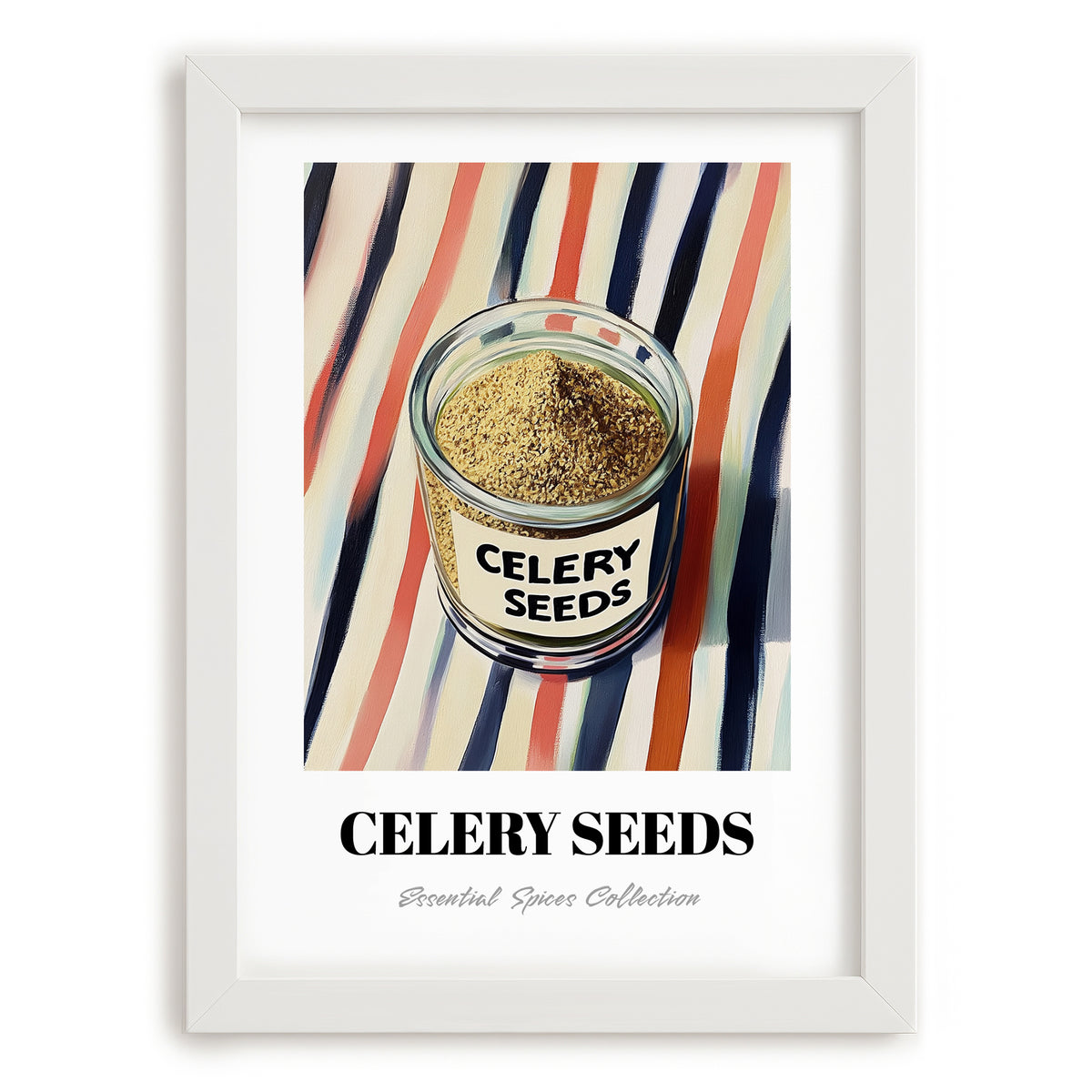 Celery Seeds – on Striped Tablecloth, Spices Poster, placed in minimal white frame