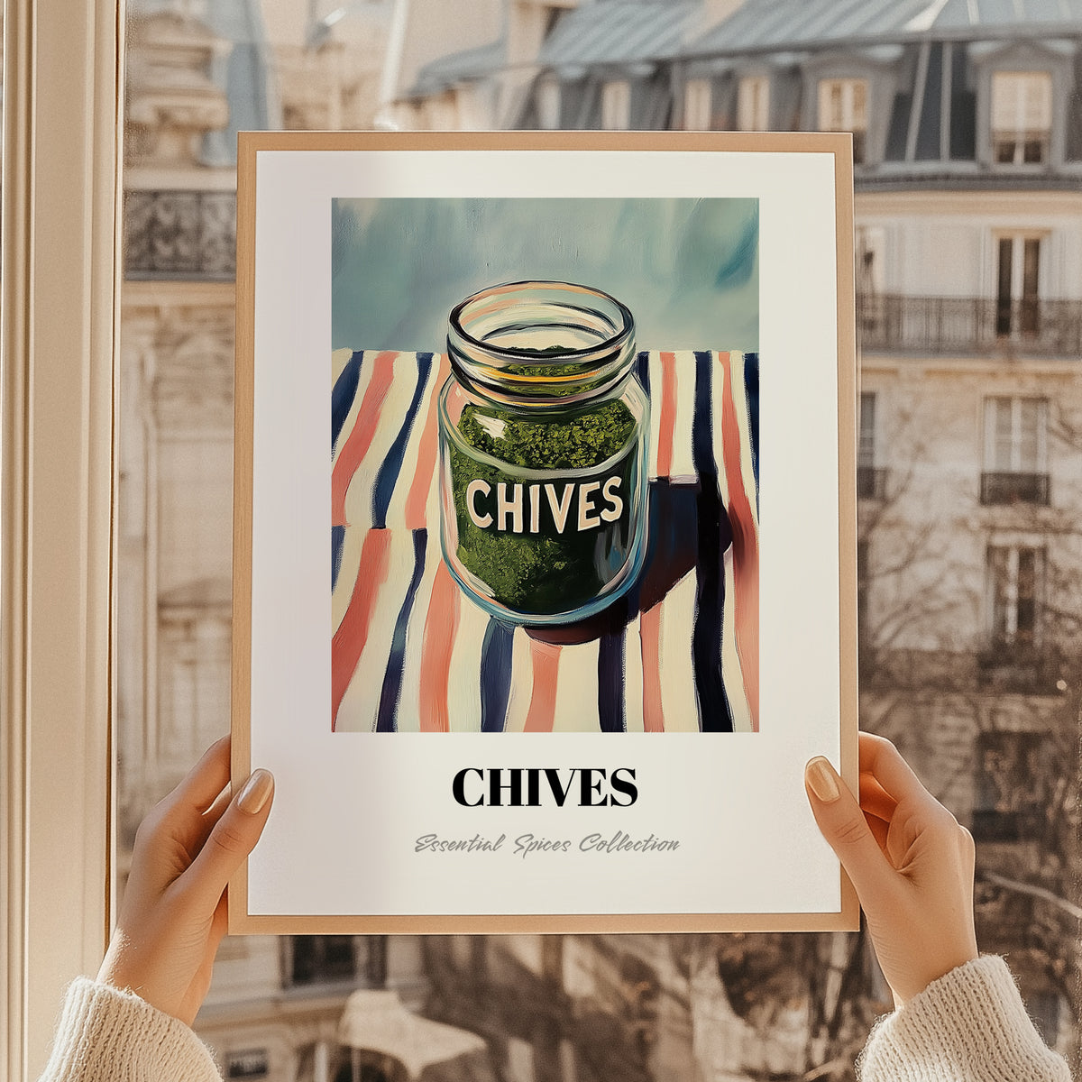 Chives – on Striped Tablecloth, Spices Painting, styled in a charming Paris street view