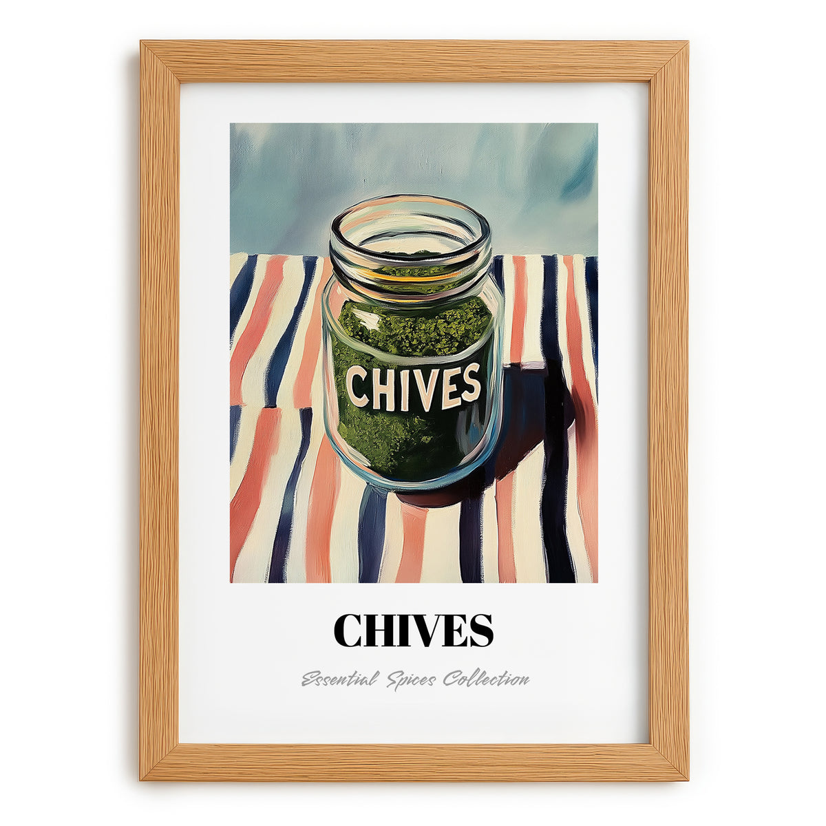 Chives – on Striped Tablecloth, Spices Painting, set in oak frame