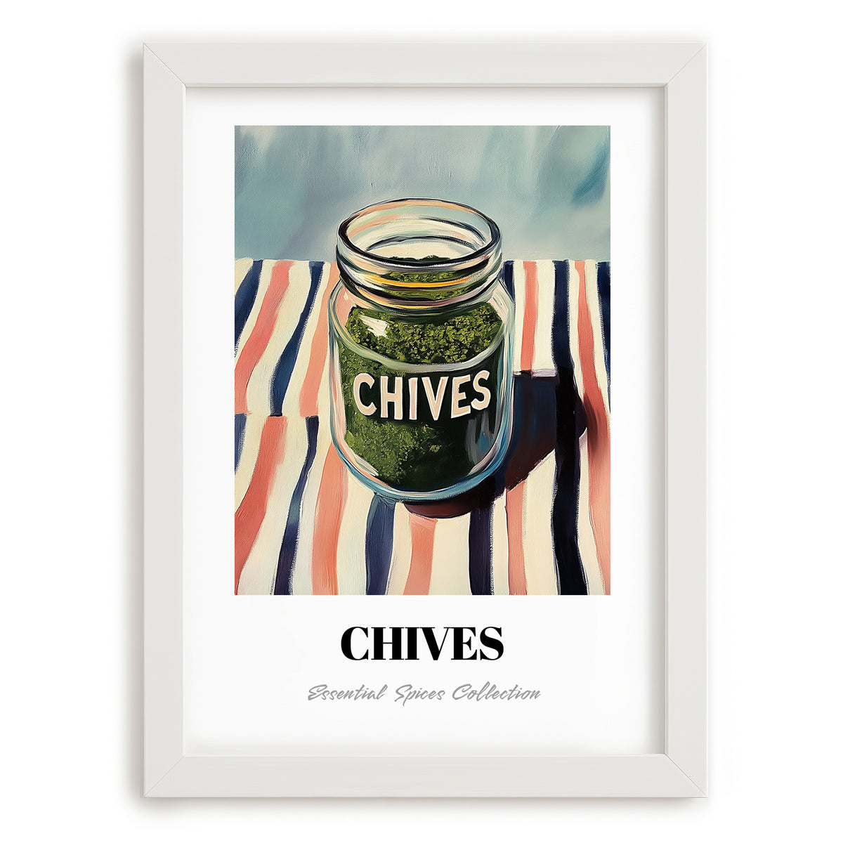 Chives – on Striped Tablecloth, Spices Painting, placed in minimal white frame