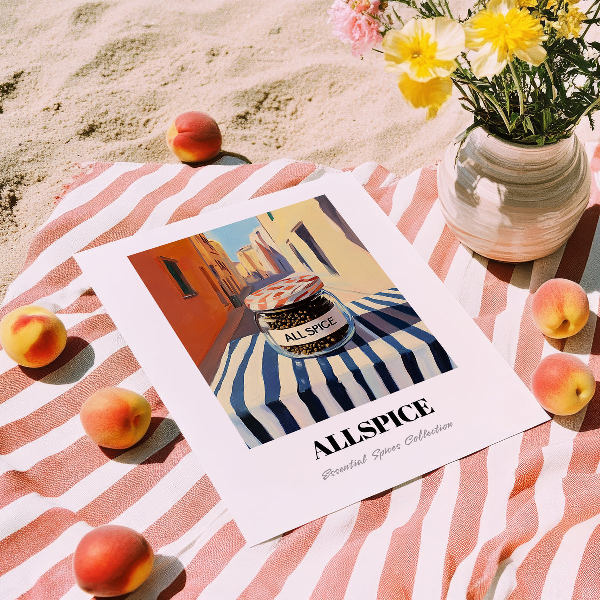Allspice – Italian Urban Café Scene, Spices Art, unframed on coastal sand