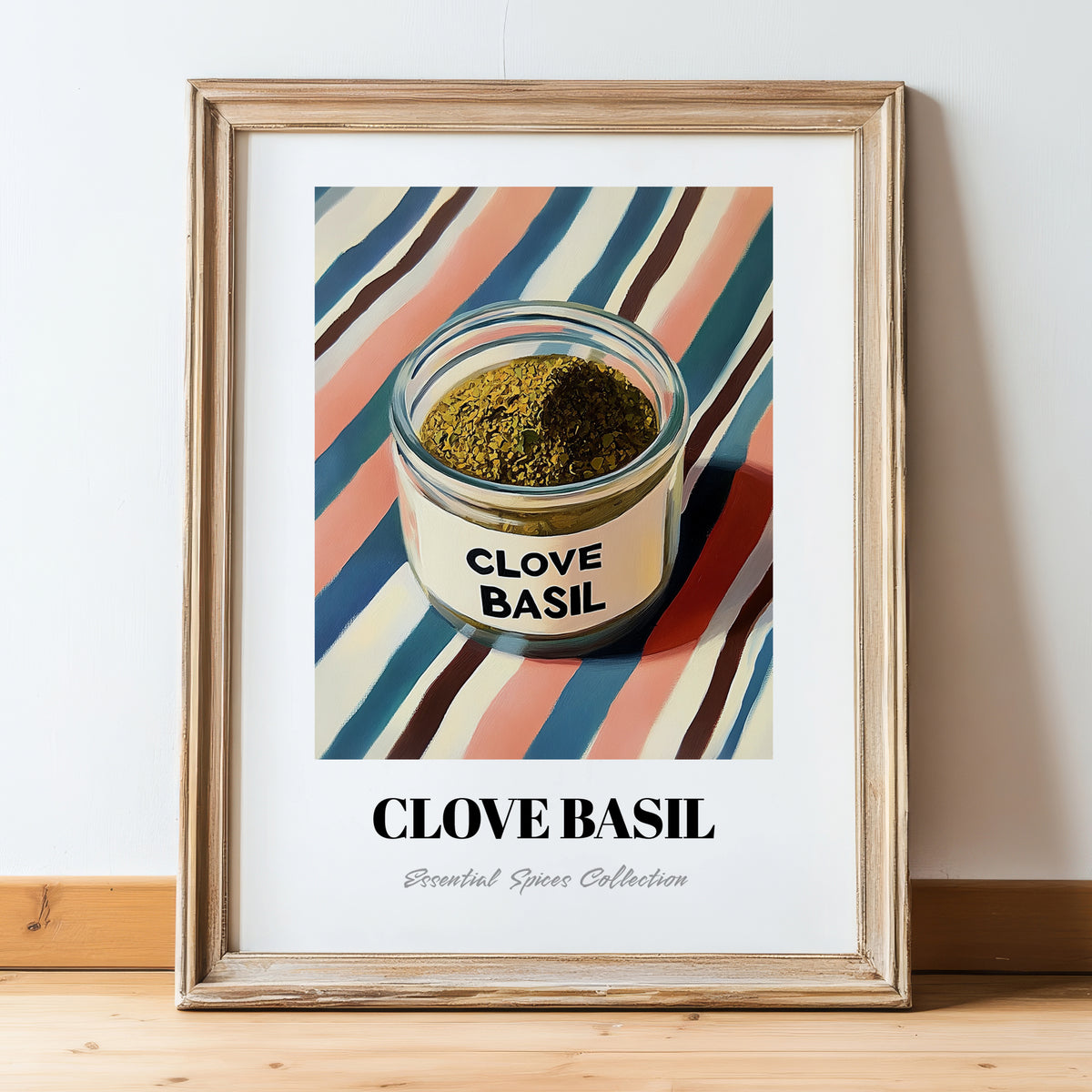 Clove Basil – on Striped Tablecloth, Spices Poster, in wooden frame leaning on the floor
