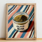 Clove Basil – on Striped Tablecloth, Spices Poster, no-text version framed in wood