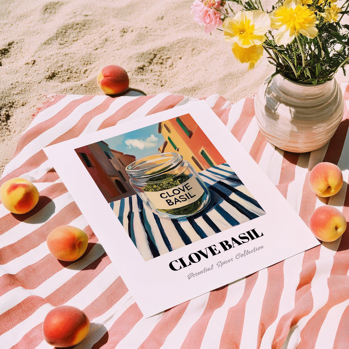 Clove Basil – Italian Urban Café Scene, Spices Illustration, unframed on coastal sand