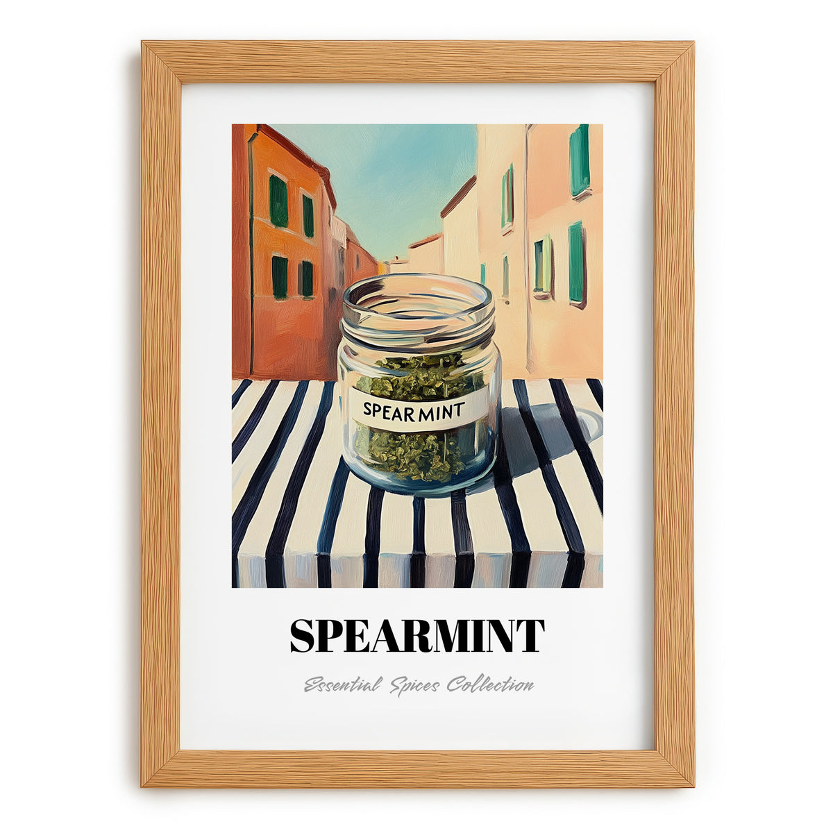 Spearmint – Italian Urban Café Scene, Spices Poster, set in oak frame