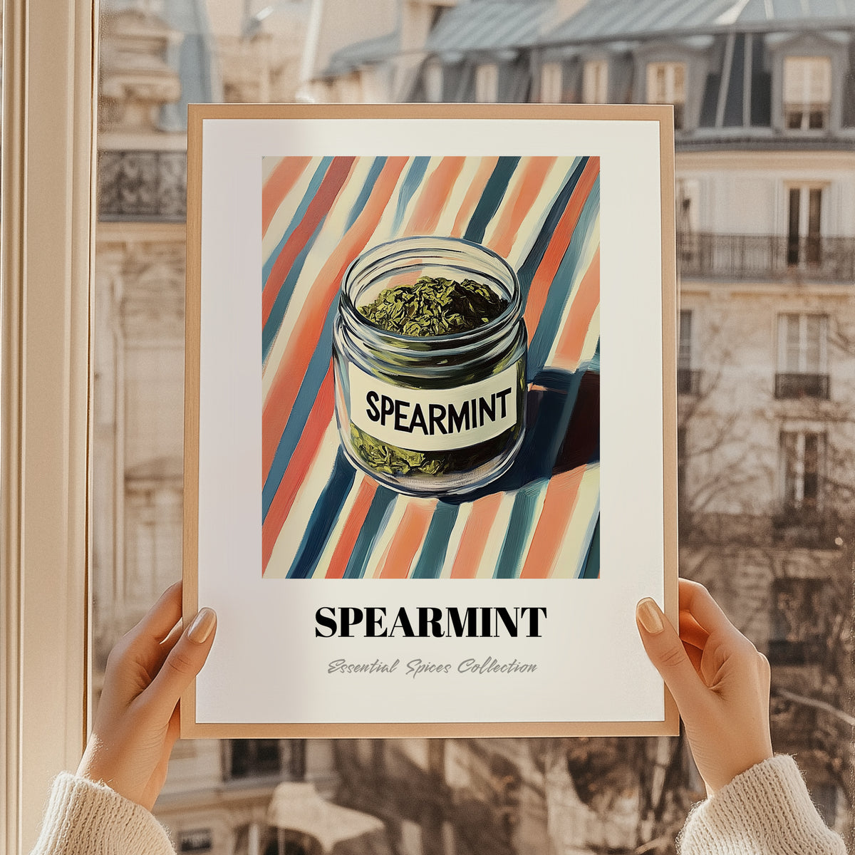 Spearmint – on Striped Tablecloth, Spices Print, styled in a charming Paris street view