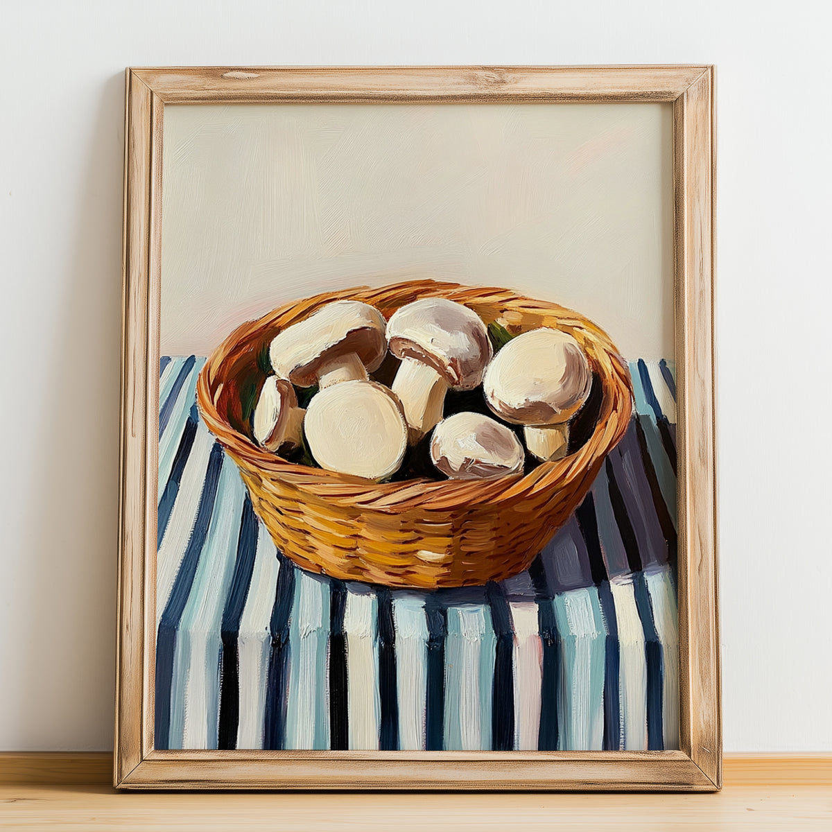 Champignon (Button Mushroom) – on Striped Tablecloth, Mushrooms Painting, no-text version framed in wood