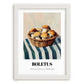 Boletus – on Striped Tablecloth, Mushrooms Painting, placed in minimal white frame