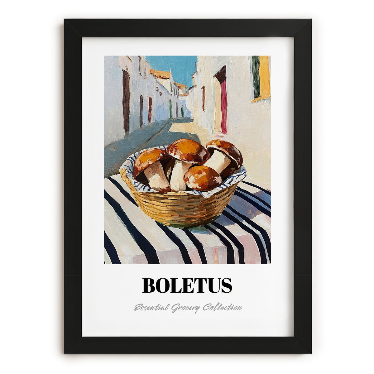Porcini – White village Street Café Scene, Mushrooms Art, in sleek black frame