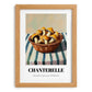 Chanterelle – on Striped Tablecloth, Mushrooms Still Life, set in oak frame