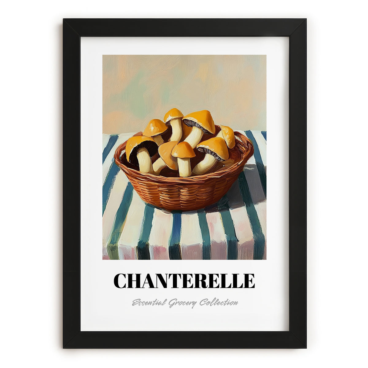 Chanterelle – on Striped Tablecloth, Mushrooms Still Life, in sleek black frame