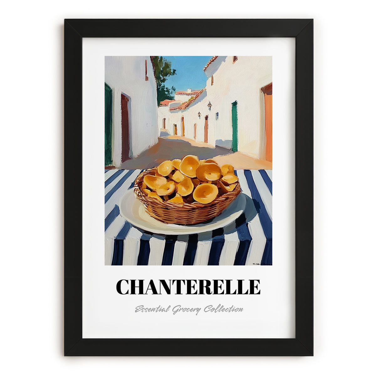 Chanterelle – White village Café on the Corner, Mushrooms Wall Painting, in sleek black frame