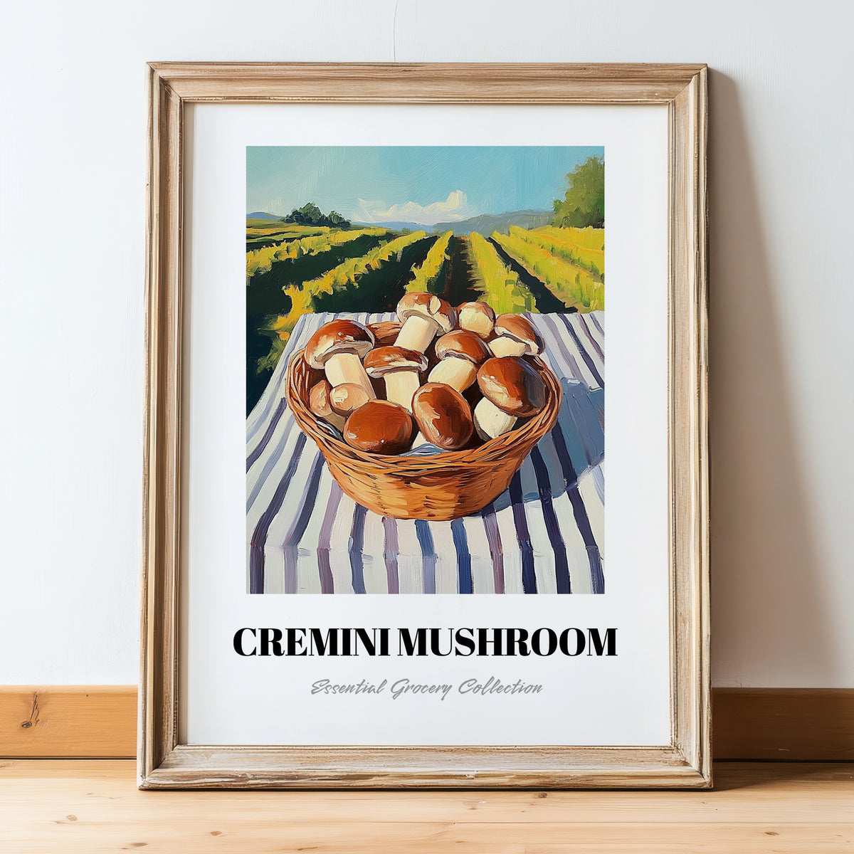 Cremini Mushroom – Green Valley Landscape, Mushrooms Art, in wooden frame leaning on the floor