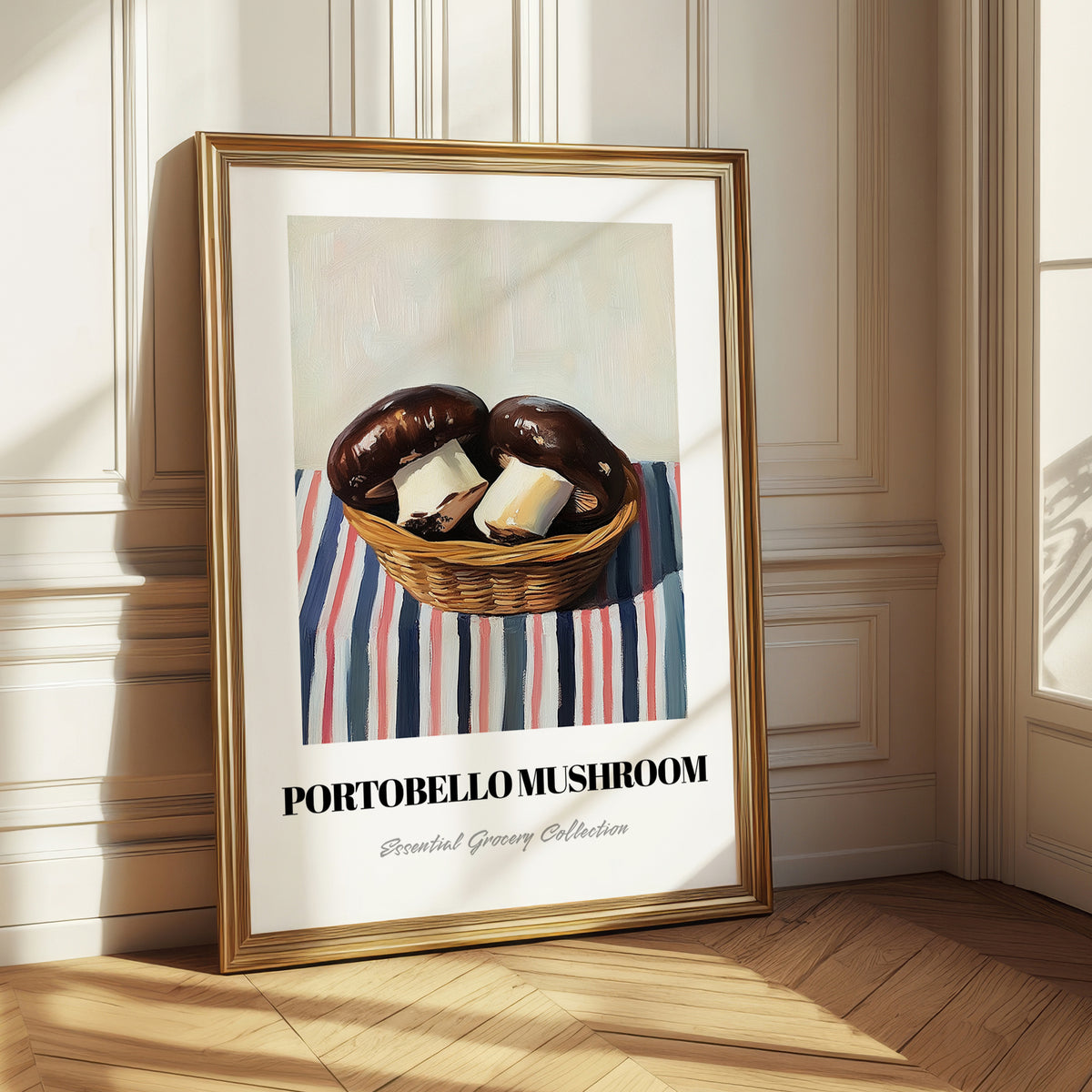 Portobello Mushroom – on Striped Tablecloth, Mushrooms Painting