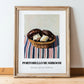 Portobello Mushroom – on Striped Tablecloth, Mushrooms Painting, in wooden frame leaning on the floor