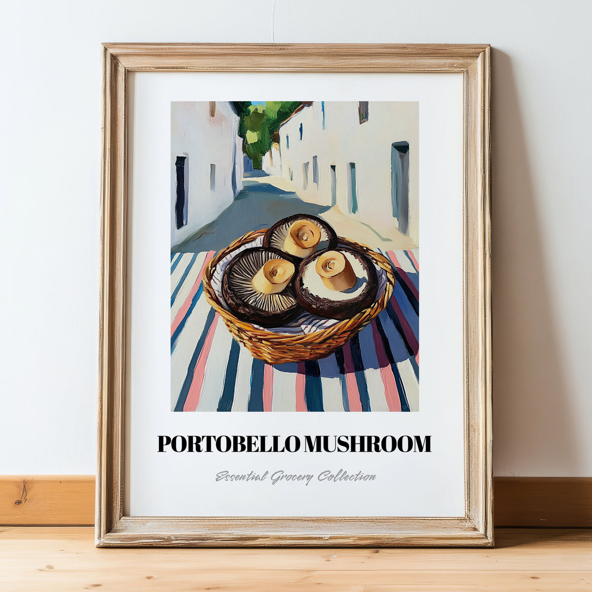 Portobello Mushroom – White village Street Café Scene, Mushrooms Illustration, in wooden frame leaning on the floor