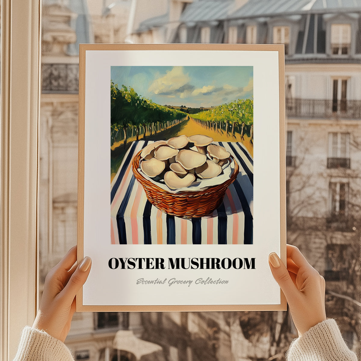 Oyster Mushroom – Green Valley Landscape, Mushrooms Illustration, styled in a charming Paris street view