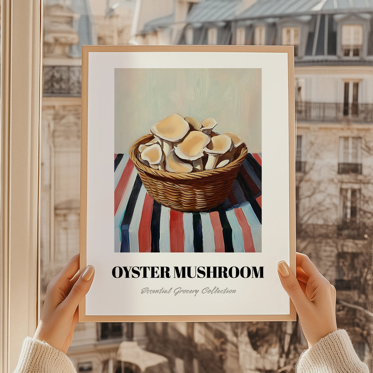Oyster Mushroom – on Striped Tablecloth, Mushrooms Art, styled in a charming Paris street view