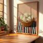 Lion’s Mane Mushroom – on Striped Tablecloth, Mushrooms Wall Decor, clean layout with no caption