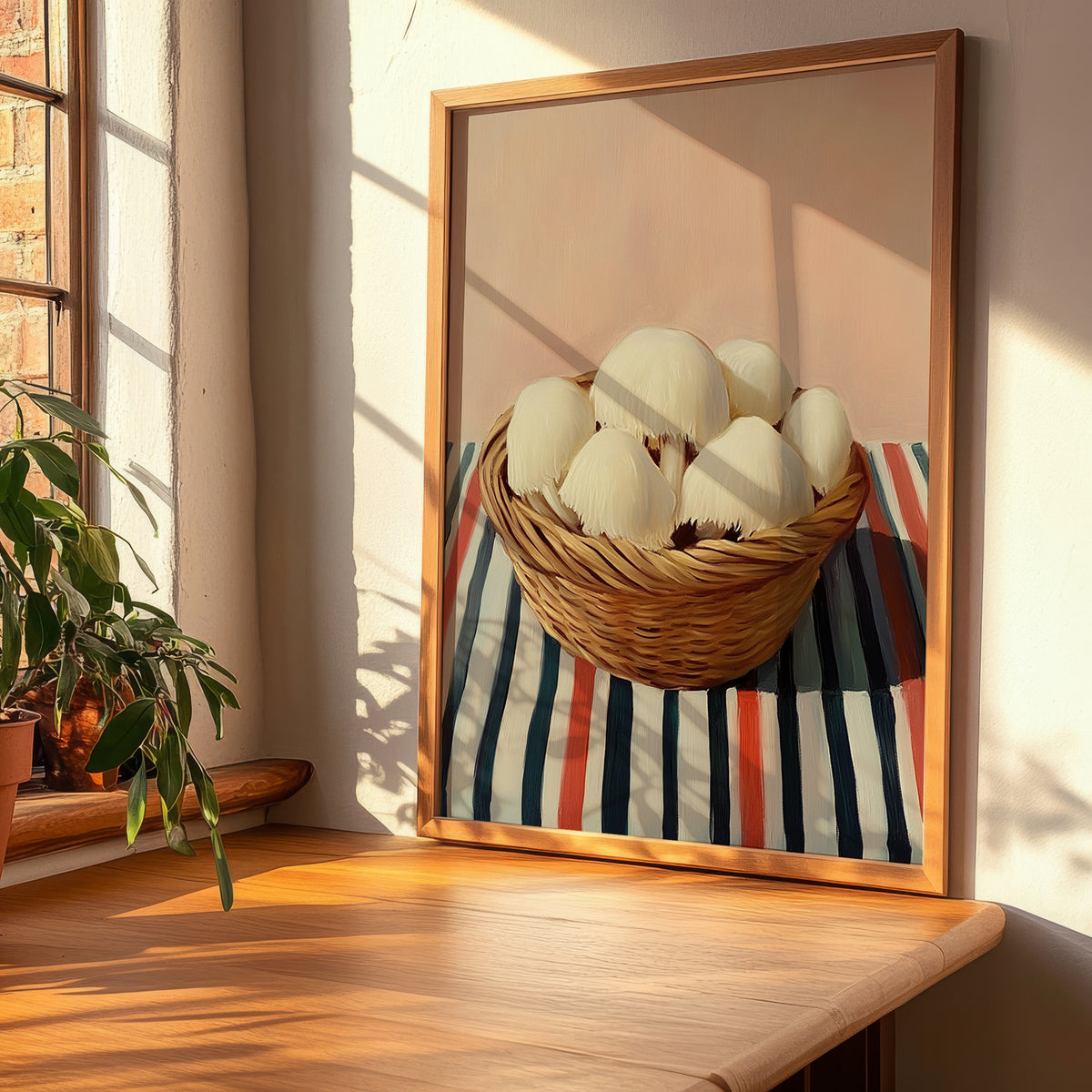 Lion’s Mane Mushroom – on Striped Tablecloth, Mushrooms Wall Decor, clean layout with no caption
