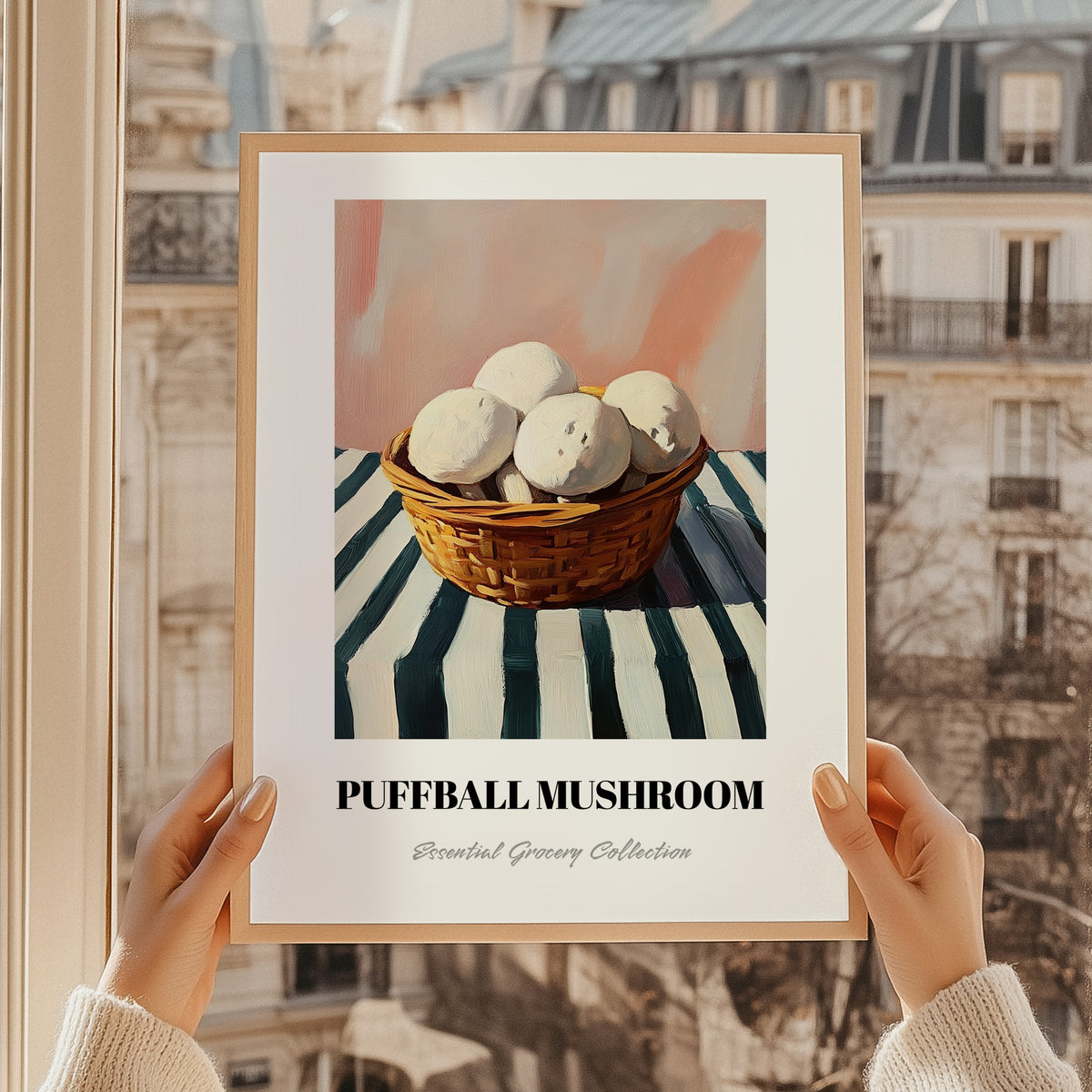 Puffball Mushroom – on Striped Tablecloth, Mushrooms Illustration, styled in a charming Paris street view