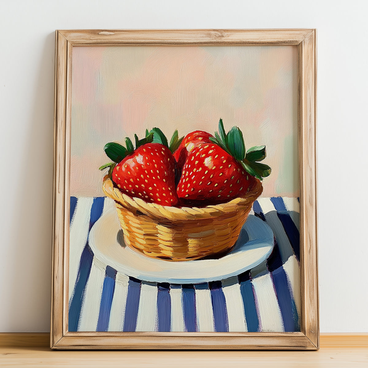 Strawberry – on Striped Tablecloth, Berries Wall Decor, no-text version framed in wood