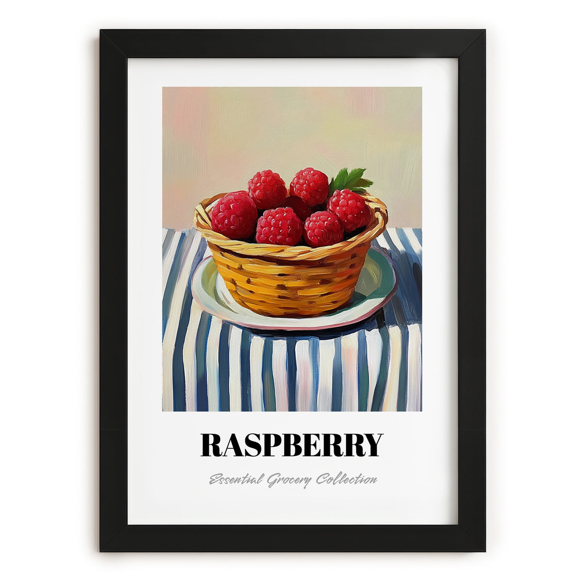 Raspberry – on Striped Tablecloth, Berries Poster, in sleek black frame