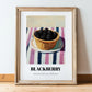Blackberry – on Striped Tablecloth, Berries Poster, in wooden frame leaning on the floor