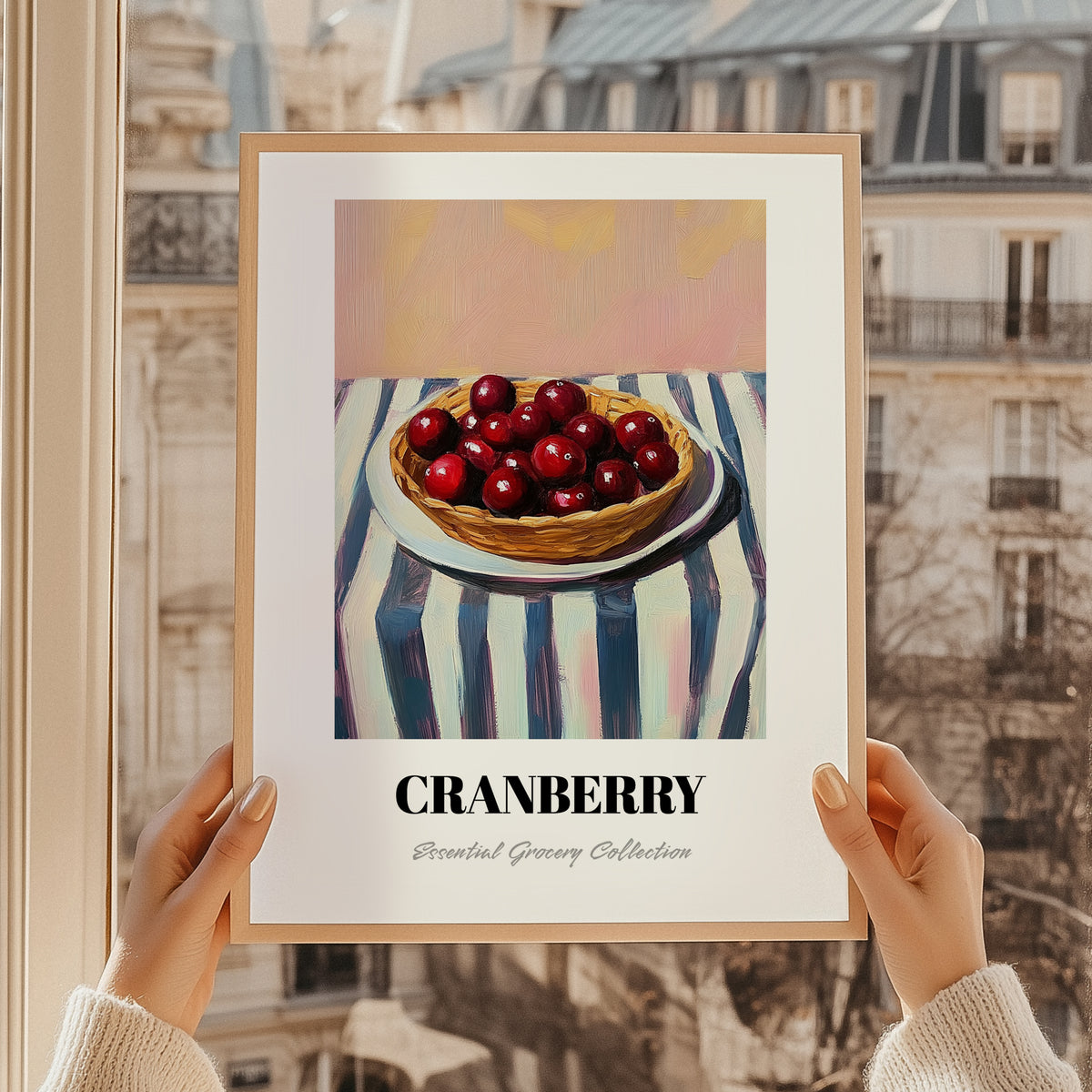 Cranberry – on Striped Tablecloth, Berries Poster, styled in a charming Paris street view