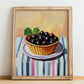 Blackcurrant – on Striped Tablecloth, Berries Painting, no-text version framed in wood