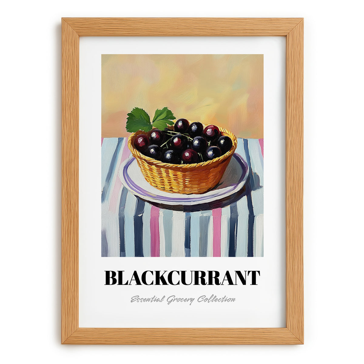 Blackcurrant – on Striped Tablecloth, Berries Painting, set in oak frame