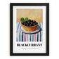 Blackcurrant – on Striped Tablecloth, Berries Painting, in sleek black frame