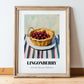 Lingonberry – on Striped Tablecloth, Berries Art, in wooden frame leaning on the floor