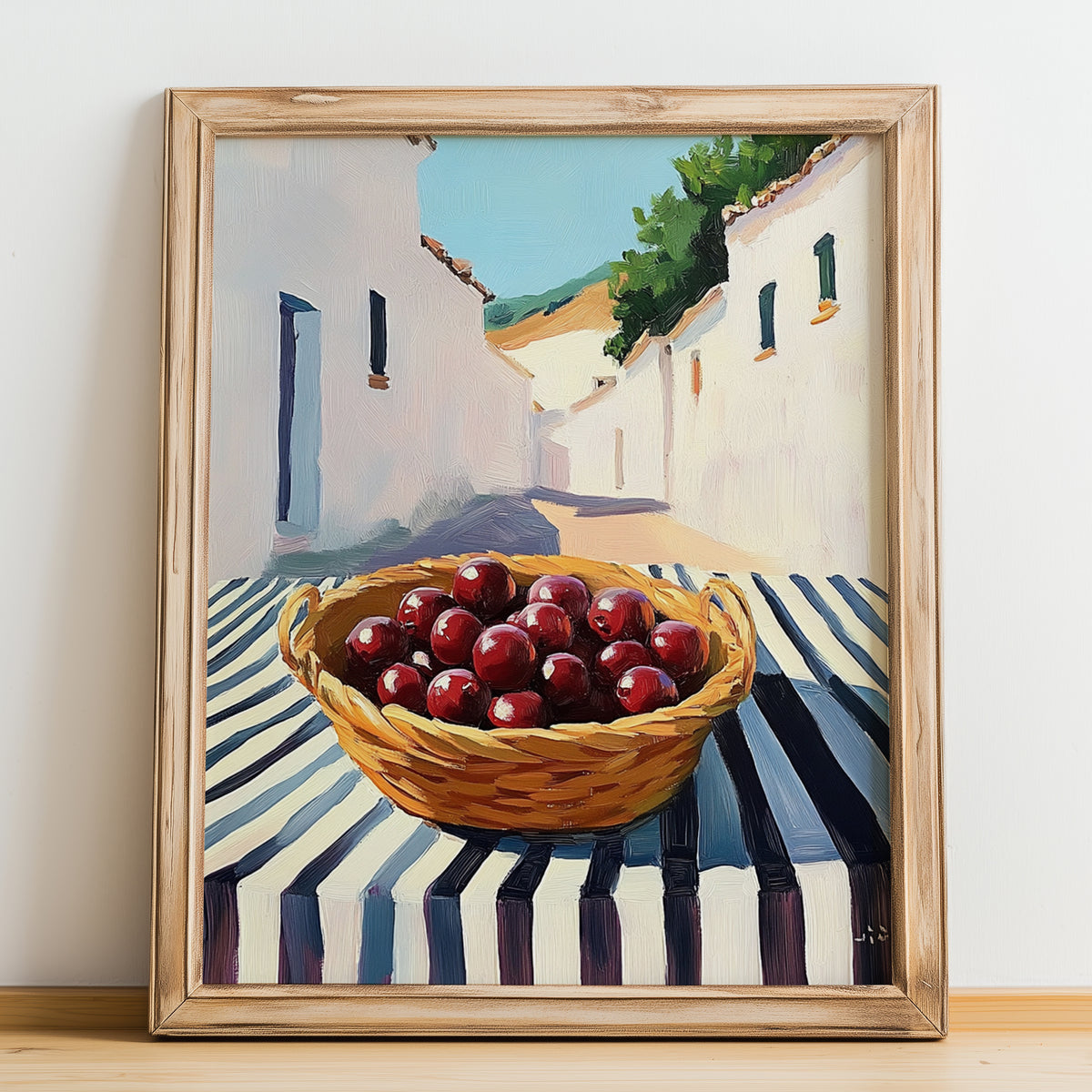 Lingonberry – White village Outdoor Café Scene, Berries Painting, no-text version framed in wood