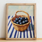 Huckleberry – on Striped Tablecloth, Berries Painting, no-text version framed in wood