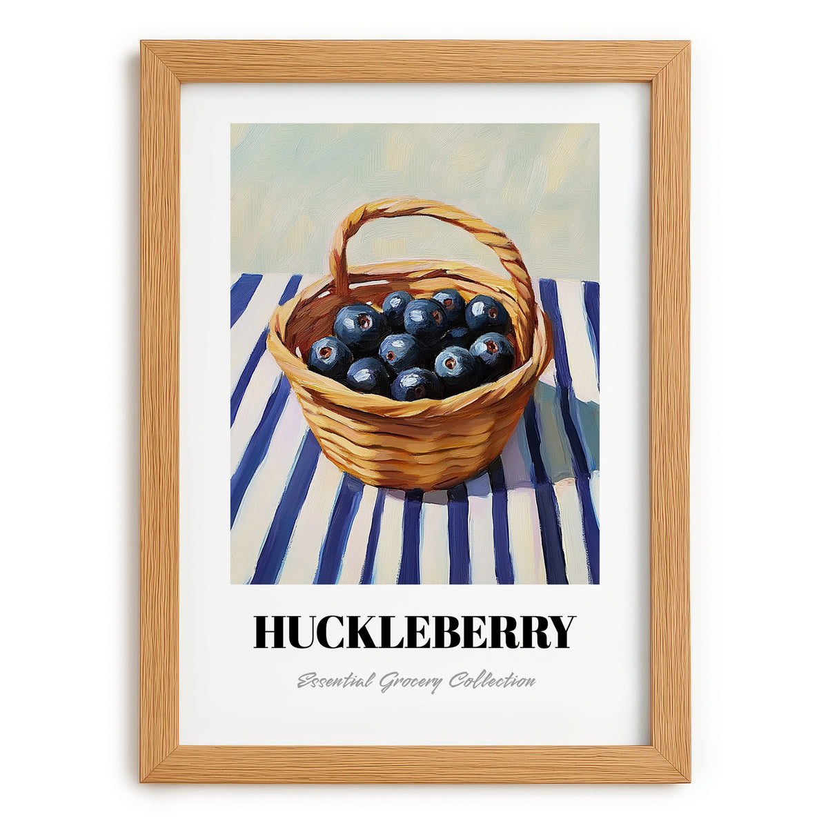 Huckleberry – on Striped Tablecloth, Berries Painting, set in oak frame