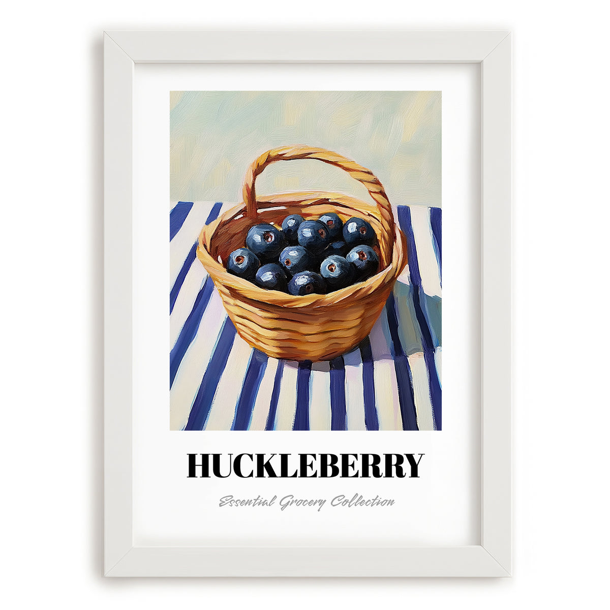 Huckleberry – on Striped Tablecloth, Berries Painting, placed in minimal white frame