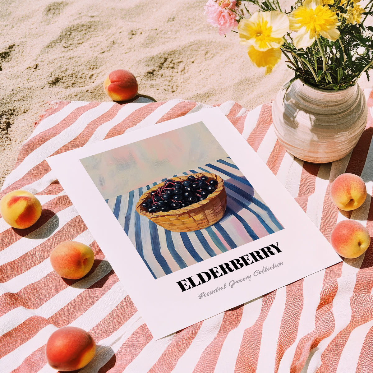 Elderberry – on Striped Tablecloth, Berries Illustration, unframed on coastal sand