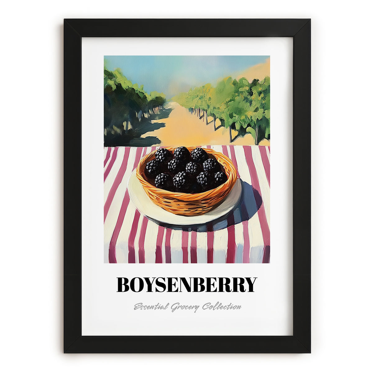 Boysenberry – Green Valley Landscape, Berries Poster, in sleek black frame