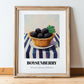 Boysenberry – on Striped Tablecloth, Berries Wall Decor, in wooden frame leaning on the floor