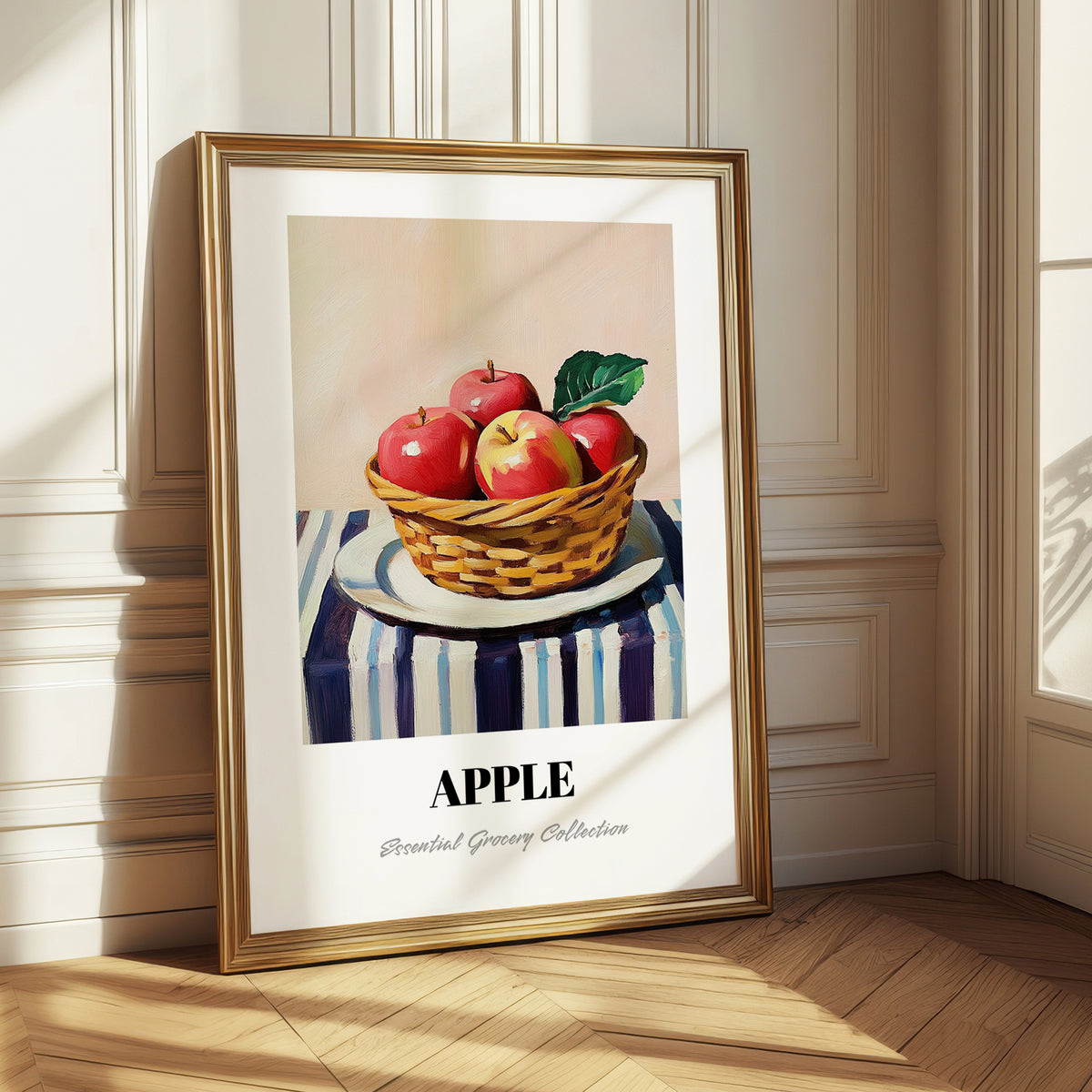 Apple – on Striped Tablecloth, Fruit Painting