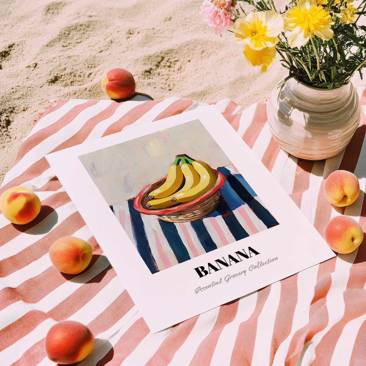 Banana – on Striped Tablecloth, Fruit Wall Decor, unframed on coastal sand