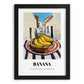 Banana – White village Outdoor Café Scene, Fruit Illustration, in sleek black frame